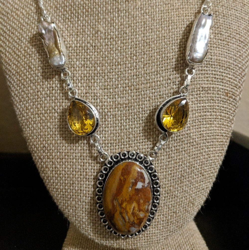 SOLD Jasper Citrine and Biwa Pearl Necklace